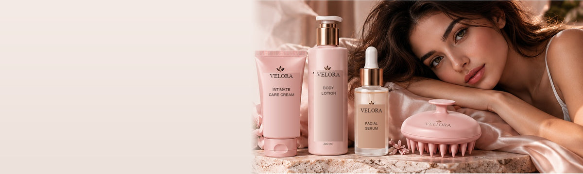 VELORA beauty campaign concept with blush packaging and model; illustrative products